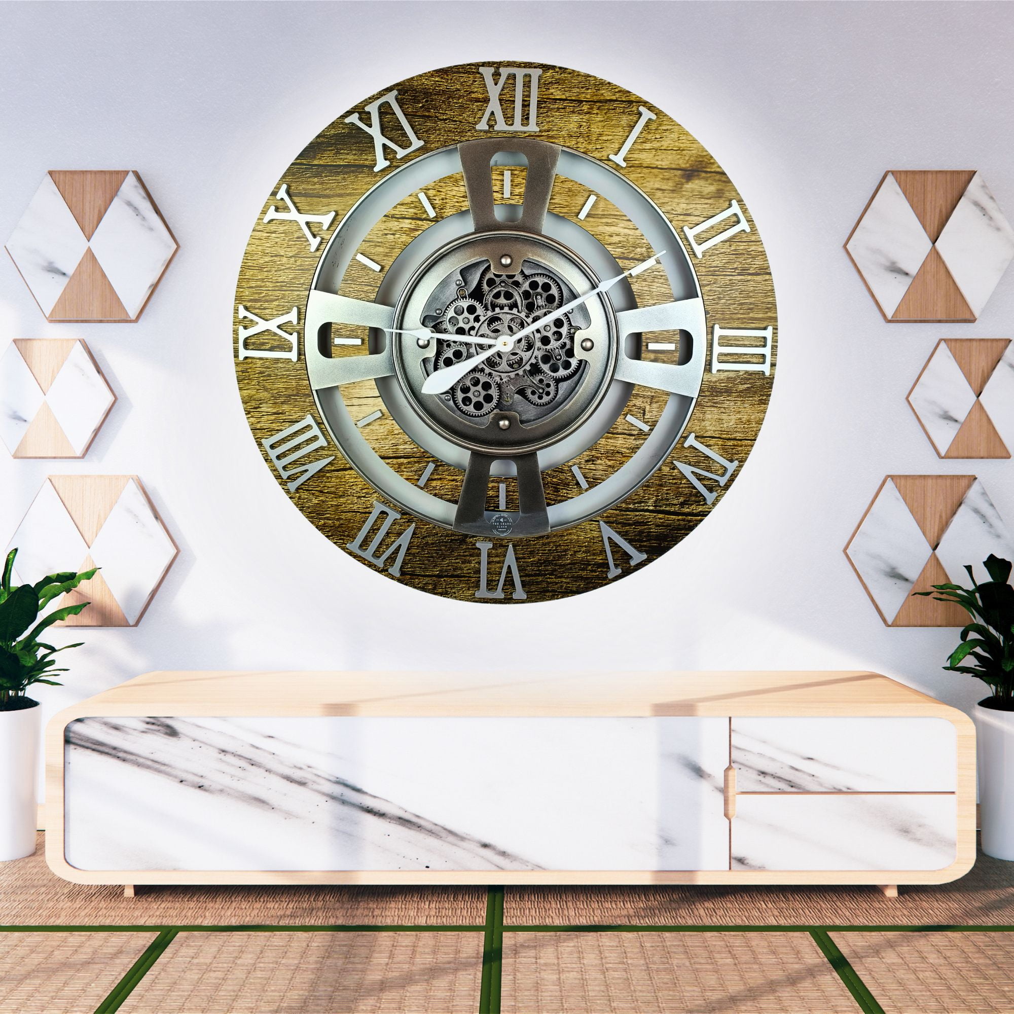THE GEARS CLOCK Wall Clock with Real Moving Gears EN-LI_ 36 in Round Gold-Antique