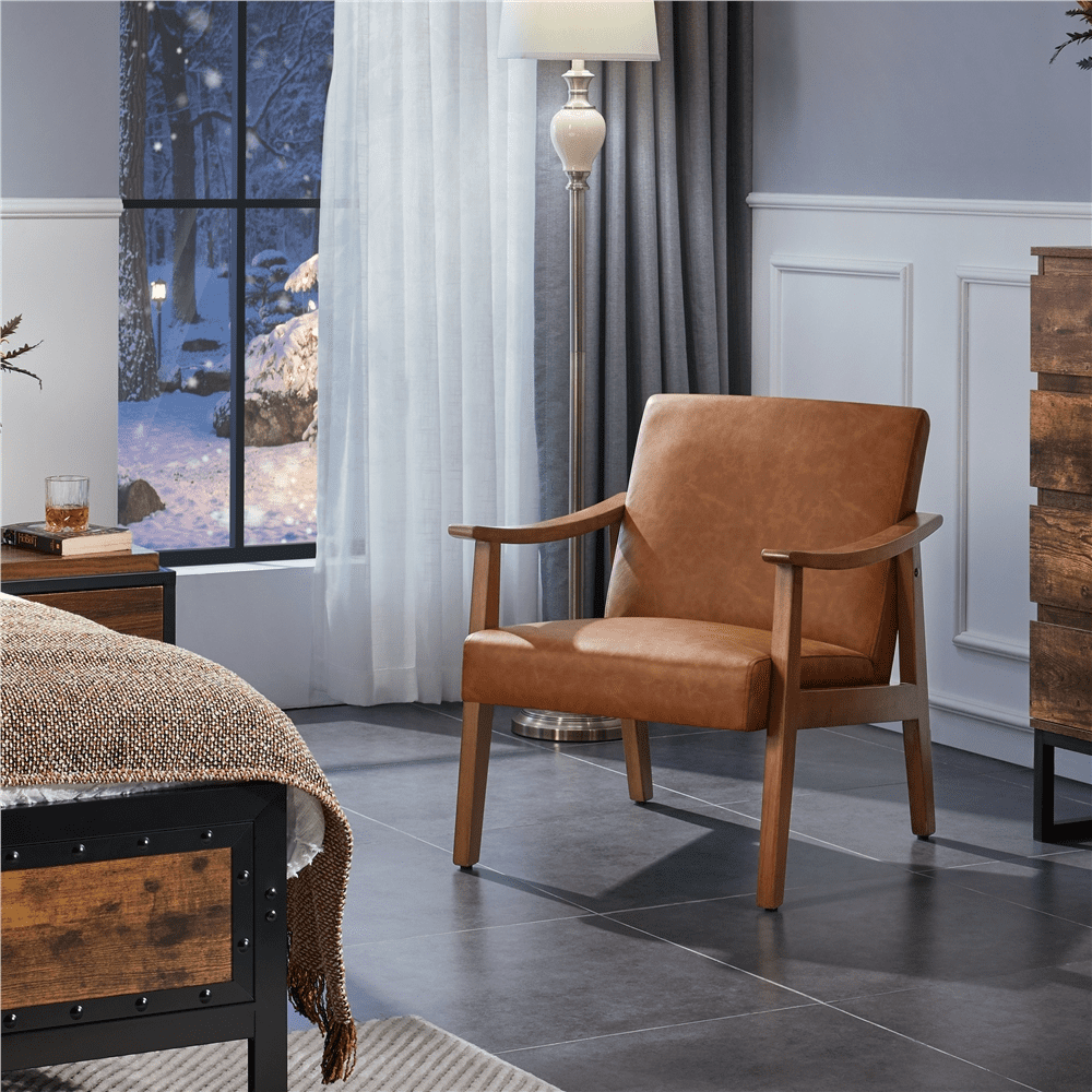 Renwick Mid-Century Modern Faux Leather Accent Chair, Set of 2, Light Brown