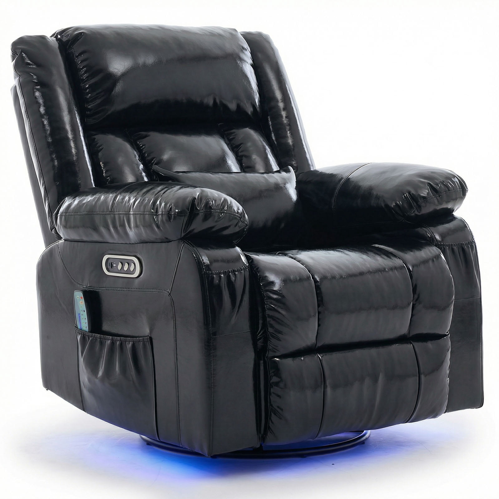IPKIG Electric Power Recliner with Heat & Massage, 240° Swivel Rocking Chair for Living Room, LED Home Theater Recliner, Faux Leather Black