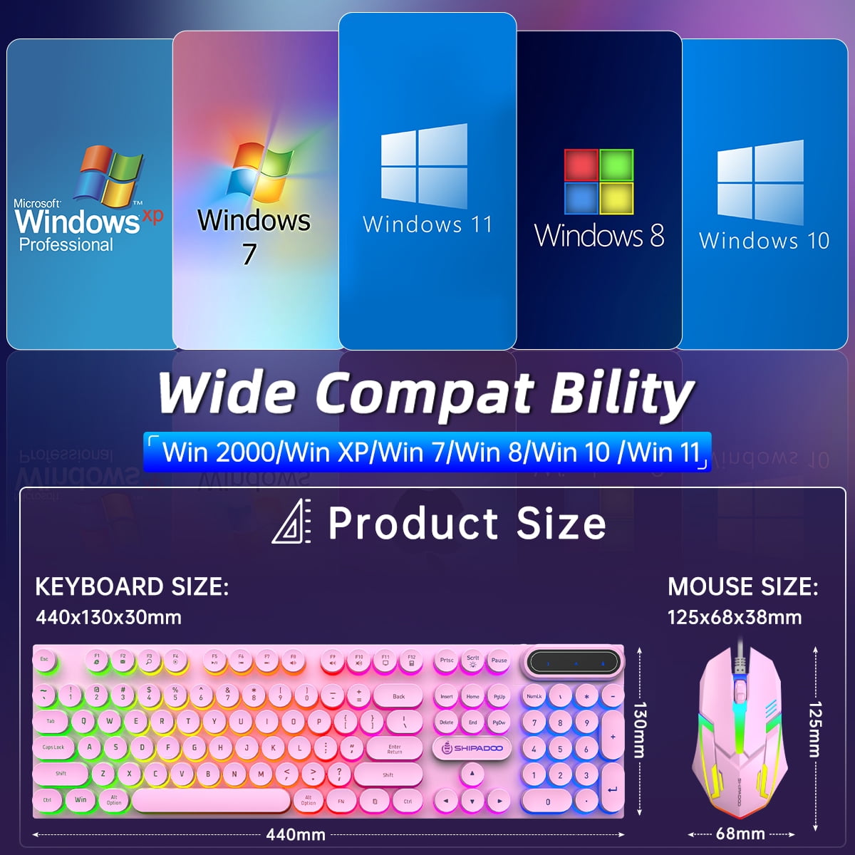 Wired Keyboard & Mouse Combo, Retro Punk RGB Backlit Gaming Keyboard and Mouse W/Multimedia and Shortcut Keys, PC Gaming Keyboard, Office Keyboard for Working or Primer Gaming, Office Device, Pink