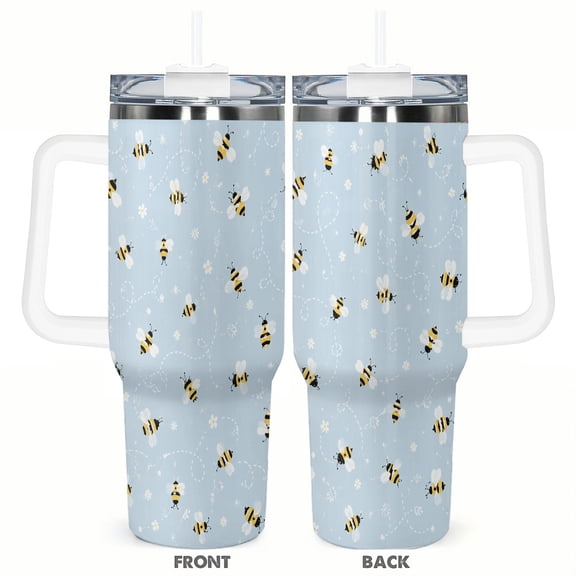 40oz Cute Bee Tumbler with Handle and Straw Stainless Steel Insulated Travel Coffee Cup Spring Gift