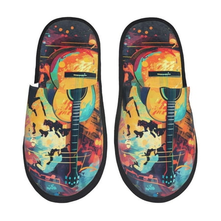 Balery World Map Guitar Illustration Slient Indoor Furry Fleece Comfort House Shoes Soft Non-Slip Home Shoes Cotton slippers House Slippers-- Medium