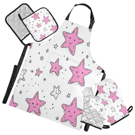 

5-Piece Kitchen Apron Set with Heat-Resistant Gloves & Insulation Mats for Cooking Baking BBQ Cartoon Five-pointed Star