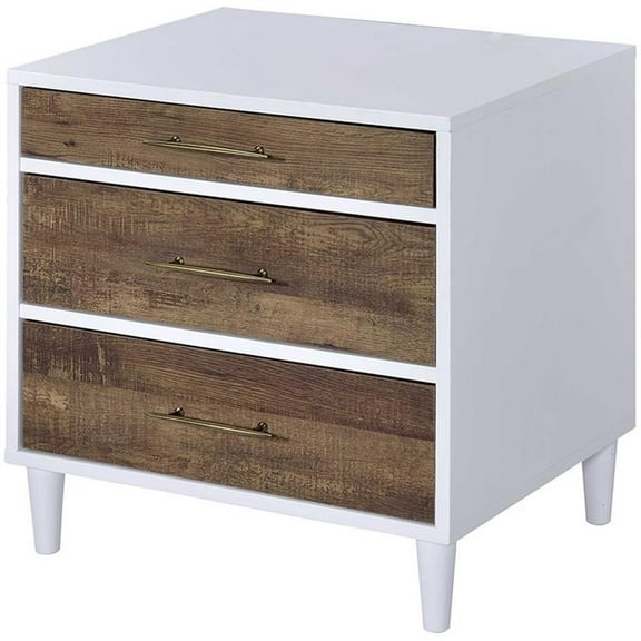 Bowery Hill Contemporary 3 Drawer Nightstand in White and Weathered Oak