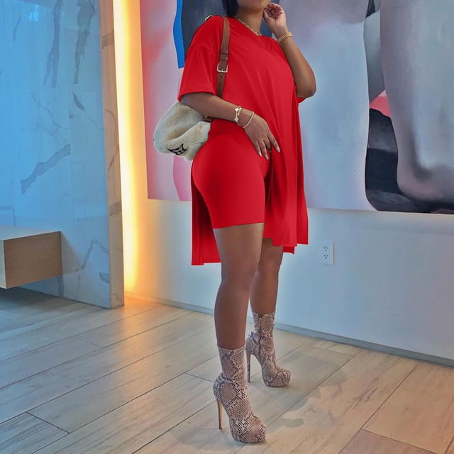 Pxiakgy Ensemble Deux Pièces pour Femmes Manches Courtes Décontracté Basique Shorts Rouge + S