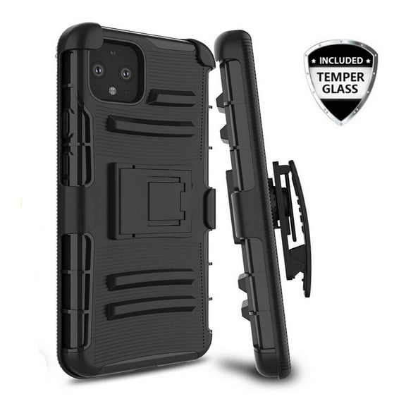 for Google Pixel 4XL Black Temper Glass Case Heavy Duty Shock Absorption Kickstand Armor Case with Belt Swivel Clip Holster Cover (Black)