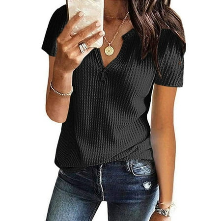 

SBYOJLPB Waist Cinchers Women s Summer Fashion Knit Short Sleeve Tunic Top V-neck Loose Shirt Black 12(XXL)