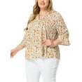 thumbnail image 4 of Agnes Orinda Women's Plus Size Pleated V Neck 3/4 Sleeves Floral Blouse 3X White, 4 of 6