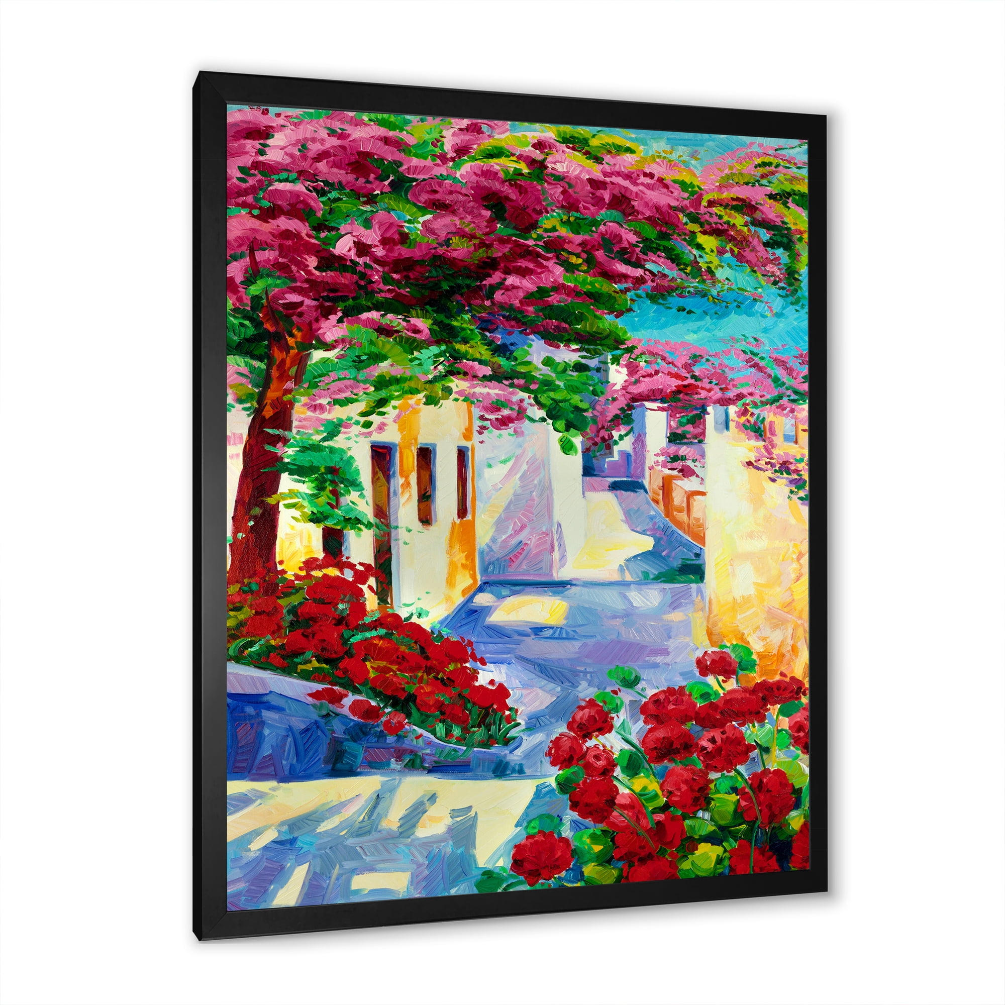 Designart 'Colorful Traditional Santorini Houses Among Flowers' Nautical & Coastal Framed Art Print