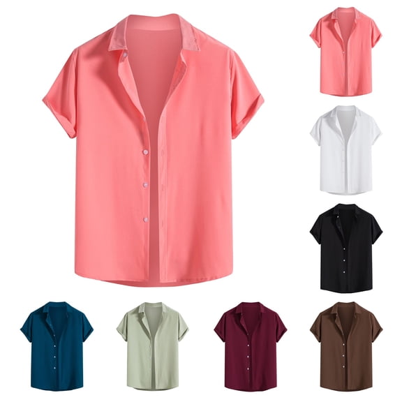 Mens Short Sleeve Shirt Casual Button Up Lightweight Solid Color V Neck Open Collar Resort Wear Tops Brown 3XL
