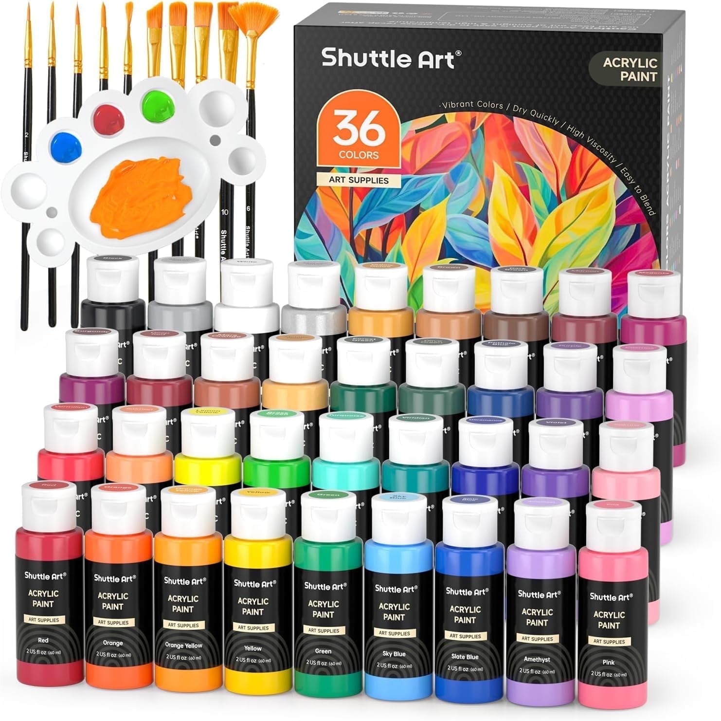 Shuttle Art Acrylic Paint Set with Brushes & Palette, 36 Colors
