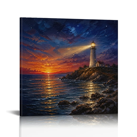 RKSupls Lighthouse Ocean Sunset Night Modern, Ready to Hang, Canvas Print Bathroom Bedroom Kitchen Hallway Study Wall Decor Prints