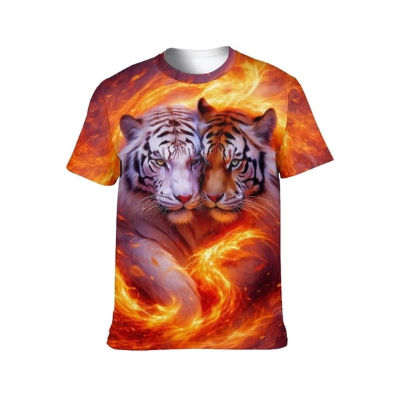LAOLIUSN Men's Tiger Graphic T Shirt, Flame Animal All Over Print Crew Neck Short Sleeve Tee, 88% Polyester 12% Spandex, S-4XL