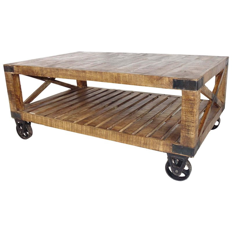 Golden Solid Wood Cocktail Table on Wheels in Natural