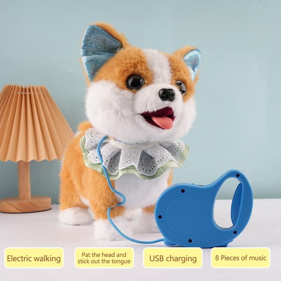 BiFandian Motorized Plush Robot Dog, Leash Controlled Puppy with Tongue Out and Big Eyes, Interactive Toy that Walks and Barks, Head Pat Reaction, Fun Gift