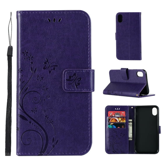 iPhone X Case, iPhone XS Case - Allytech Premium Wallet PU Leather with Fashion Embossed Flower Magnetic Clasp Card Holders Flip Cover with Hand Strap, Purple