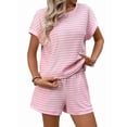 thumbnail image 3 of Women'S Summer 2 Piece Sets Striped Short Sleeve T Shirts and Shorts Loungewear Matching Set Pink XL, 3 of 10