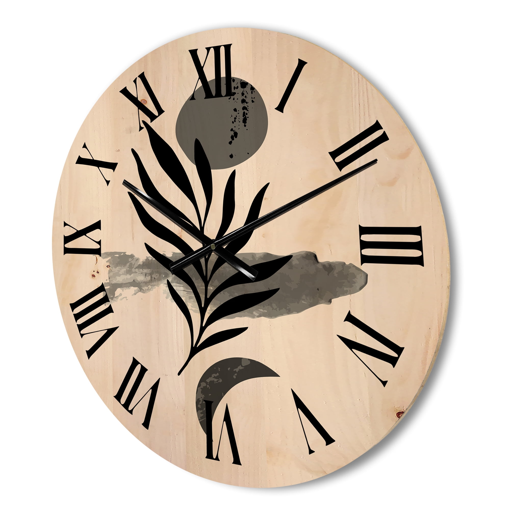 Designart 'Abstract Black Tropical Leaf II' Modern Wood Wall Clock