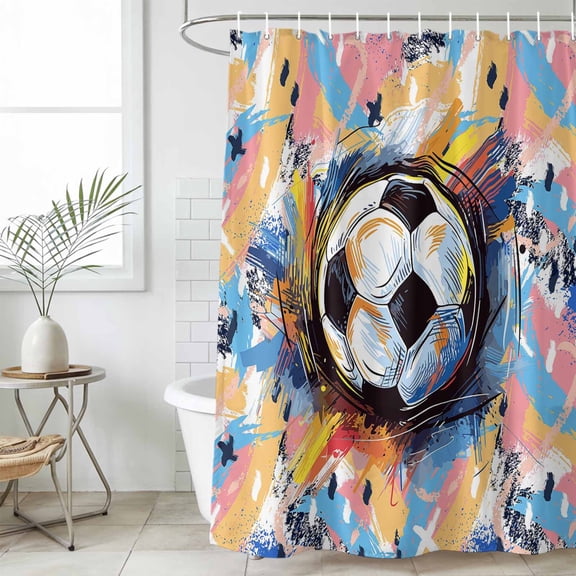 Sports Football, Minimalist Painted Art Waterproof Fabric Shower Curtain, Waterproof Fabric Shower Curtain for Bathroom Curtains Bathtubs Hotel Washable Shower Curtains with 12 Hooks Standard 60x72