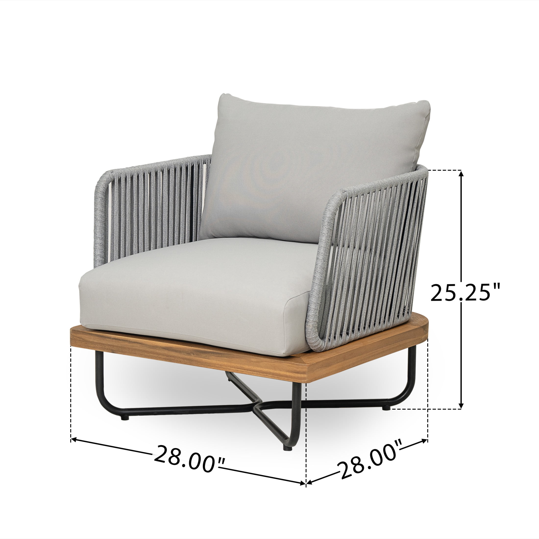 Cassants Upholstered Outdoor Patio Lounge Chair with Iron Base, Acacia Wood, Light Grey