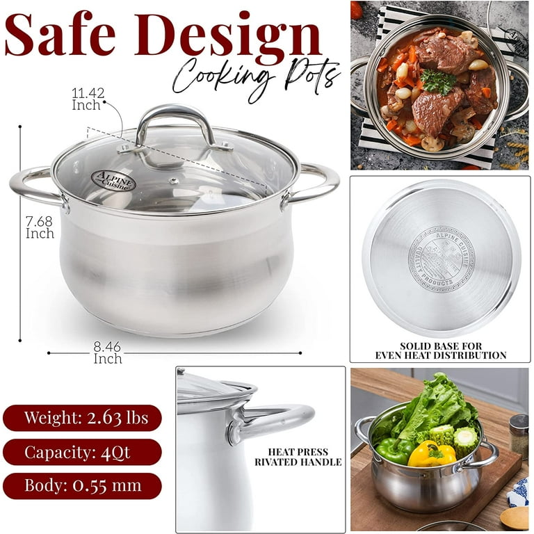 Alpine Cuisine Dutch Oven Belly Shape 4Qt - Stainless Steel Dutch Oven Pot  with Lid, Stove Stop