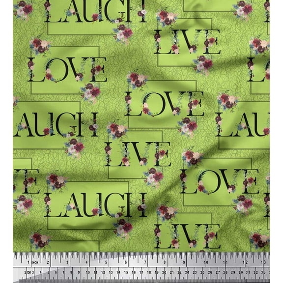 Soimoi Green Cotton Duck Fabric Floral Love Text Print Fabric by the Yard 44 Inch Wide