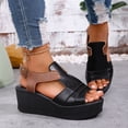 thumbnail image 3 of Rokment Wedges Gladiator Sandals for Women Beach Vintage Casual Color Block Leather Peep Toe Ankle Strap Platform Chunky Heeled Slingback Dress Summer Shoes Comfortable Walking Black Size 6, 3 of 6