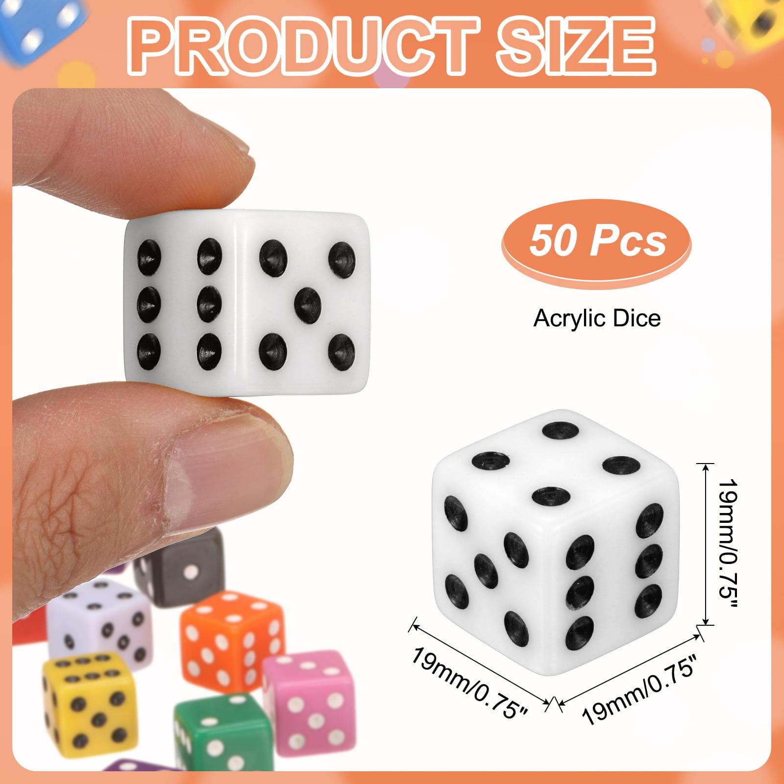 50Pack 6 Sided Acrylic Dice, 19mm/0.75" Large D6 Opaque Game Dice Bulk for Table Board Games Birthday Theme Party Fun Supply, White