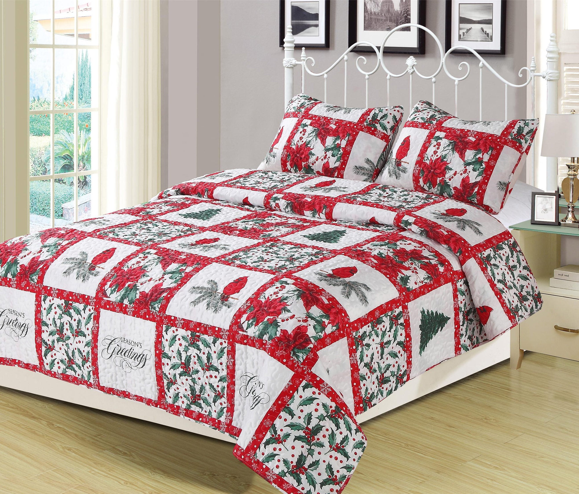 Rowan Duvet Cover Set with Pillow Shams Christmas Bird Holly Pine Print