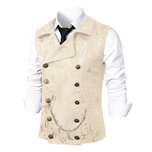 Ceisia Men's Double-Breasted Jacquard Formal Vest Turndown Collar Sleeveless Suit Vest with Chain Business Wedding Waistcoat Gifts for Father