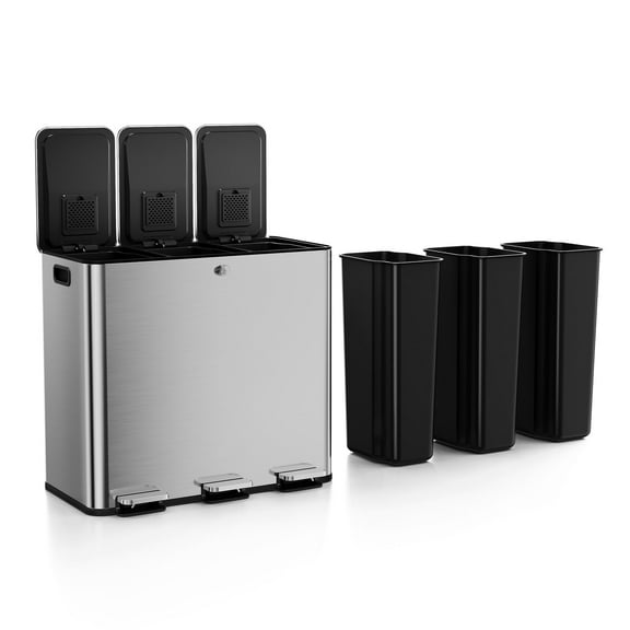 JoanKaren 23.8Gal/90L Stainless Steel Trash Can,3 Compartment Kitchen Recycle Bin,Three Pedal