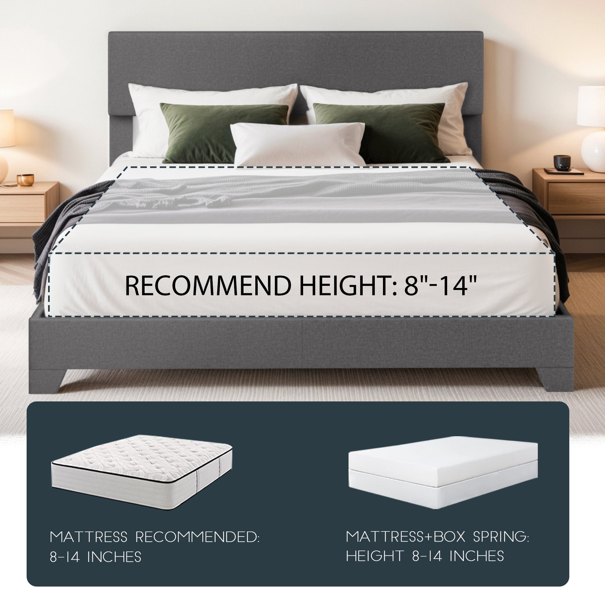 Einfach Queen Size Grey Fabric Upholstered Bed Frame with Adjustable Headboard, No Box Spring Needed, Low