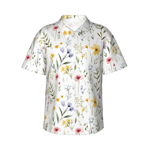 Fotbe Watercolor Floral A Camisa Hawaiana para Hombre Unisex – Camisa Casual de Verano con Botones de Manga Corta de Algodón y Lino,Medium
