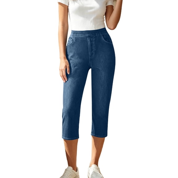 BUIGTTKLOP Jeans Capri for Women Pull on Stretcht Denim Capri Pants Casual Summer Straight Leg Capris with Pockets