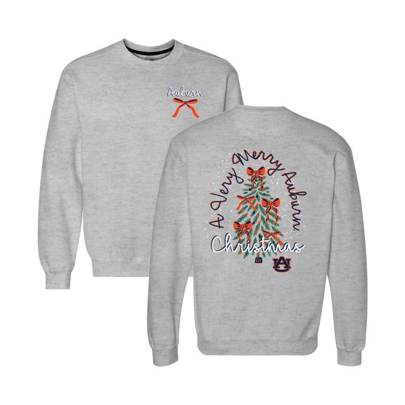 Women's Heather Gray Auburn Tigers Classic Merry Christmas Tree Crewneck Sweatshirt