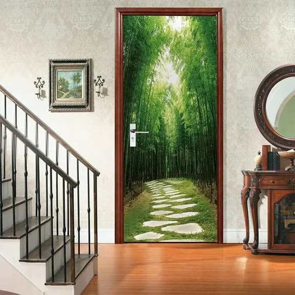 Forest Path Door Sticker Red Maple Leaf Decal Removable Natural Scenery Mural Poster Wallpaper Hom