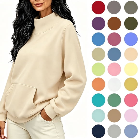 Yotami Women's Mock Neck Sweatshirt with Front Pocket, Solid Color Loose Fit Long Sleeve Pullover Top, Fall Winter Soft Casual Sweatshirt Clothes Sizes S-XXL