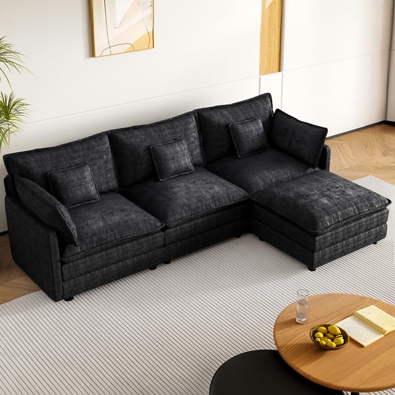 HDLKRR 107" Modular Sectional Sofa, L-Shaped Chenille Cloud Couch with Movable Ottoman, Deep Seat 4-Seat Sofa with Pillows for Living Room, Apartment & Bedroom, Black