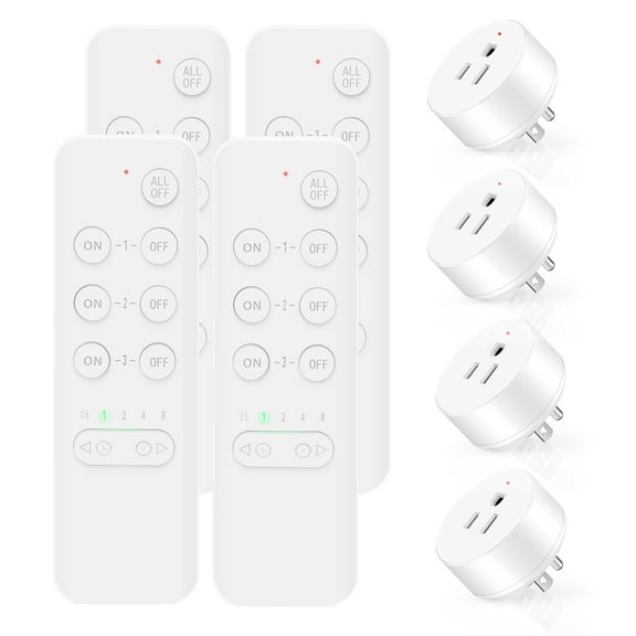 Remote Control Outlet Switch,NineLeaf Remote Light Switch,Remote Control Outlet Plug Adapter with Remote for Lamps and Household Appliances,No Wire Required,500FT Long Range(4Remotes,4Plugs)