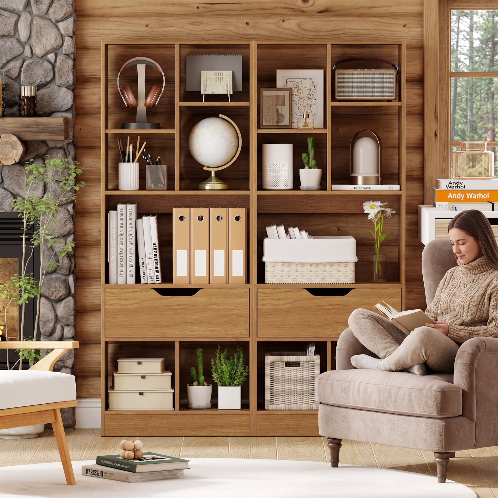 Furnibear 51 Inch Tall Freestanding Bookcase with Drawer and 7 Open Cube Shelves Wood Storage Organizer for Living Room and Study, Natural