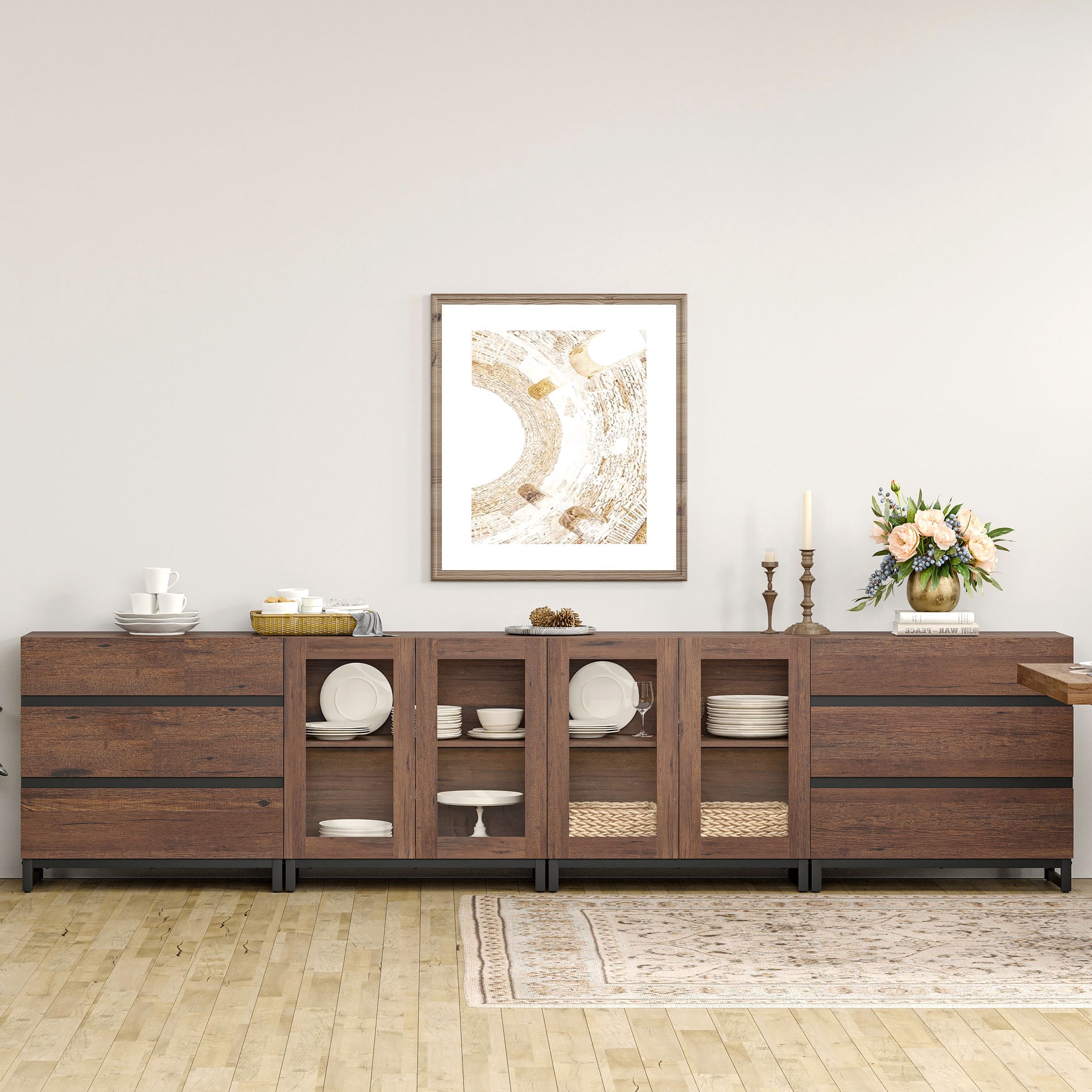 Modern 4-in-1 Sideboard Buffet Cabinet, Storage Credenza with 6 Drawers, Adjustable Shelf and Tempered Glass Doors, Metal Base Coffee Bar Cabinet for Home Decor,Brown