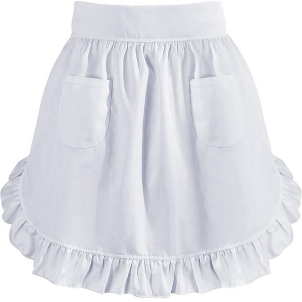 Vintage Style White Half Apron with Two Pockets and Ruffle Trim for Cooking Baking and Themed Parties