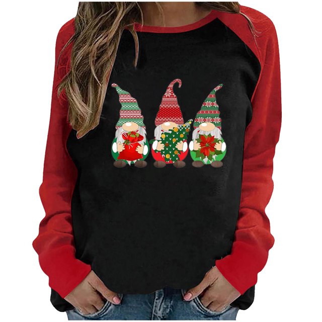 RKSTN Sweat-Shirt de Noël pour Femmes Patchwork Col Rond Imprimé Père Noël Manches Longues Confortable Blouse Régulière