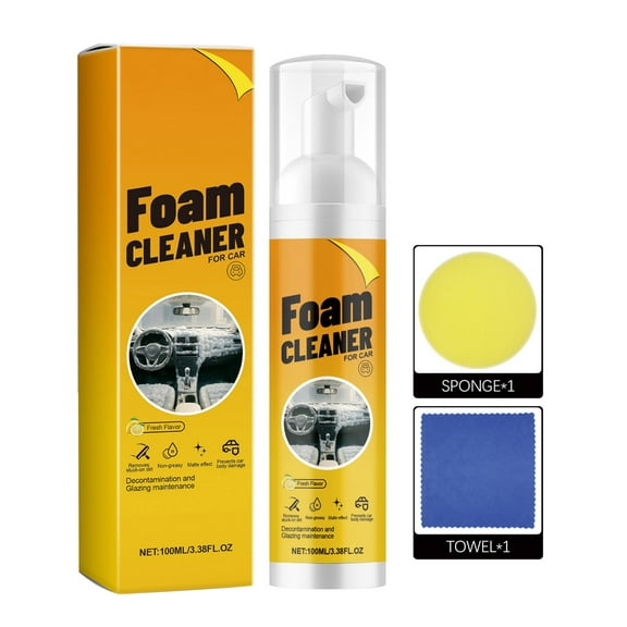 Car Interior Roof Cleaner - Decontamination Foam for Fabric, Leather, PVC, and More - Rinse-Free, Non-Greasy Formula - Includes Towel and Sponge for Easy Cleaning