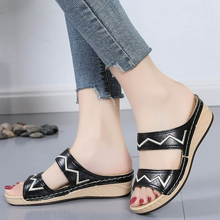 

YOTAMI Sandals for Women 2022 Summer Daily Casual Fashion Mid-heel Women s One-line Slope Heel Slippers Black