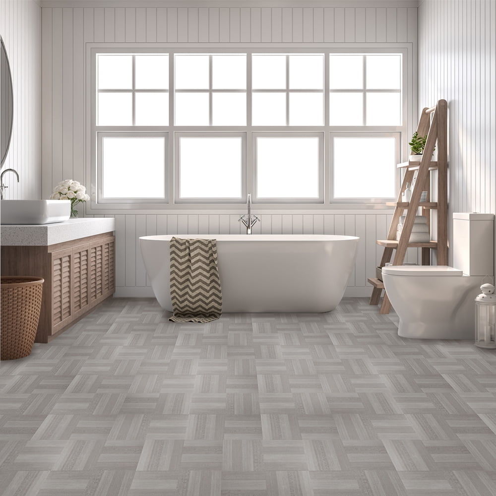 PowerSellerUSA Tivoli Self Adhesive Vinyl Floor Tiles, 45 Pcs Contemporary Peel and Stick Tile, 12" x 12" Square DIY Flooring Tiles for Kitchen, Bedroom, Bathroom - Ash Grey Wood