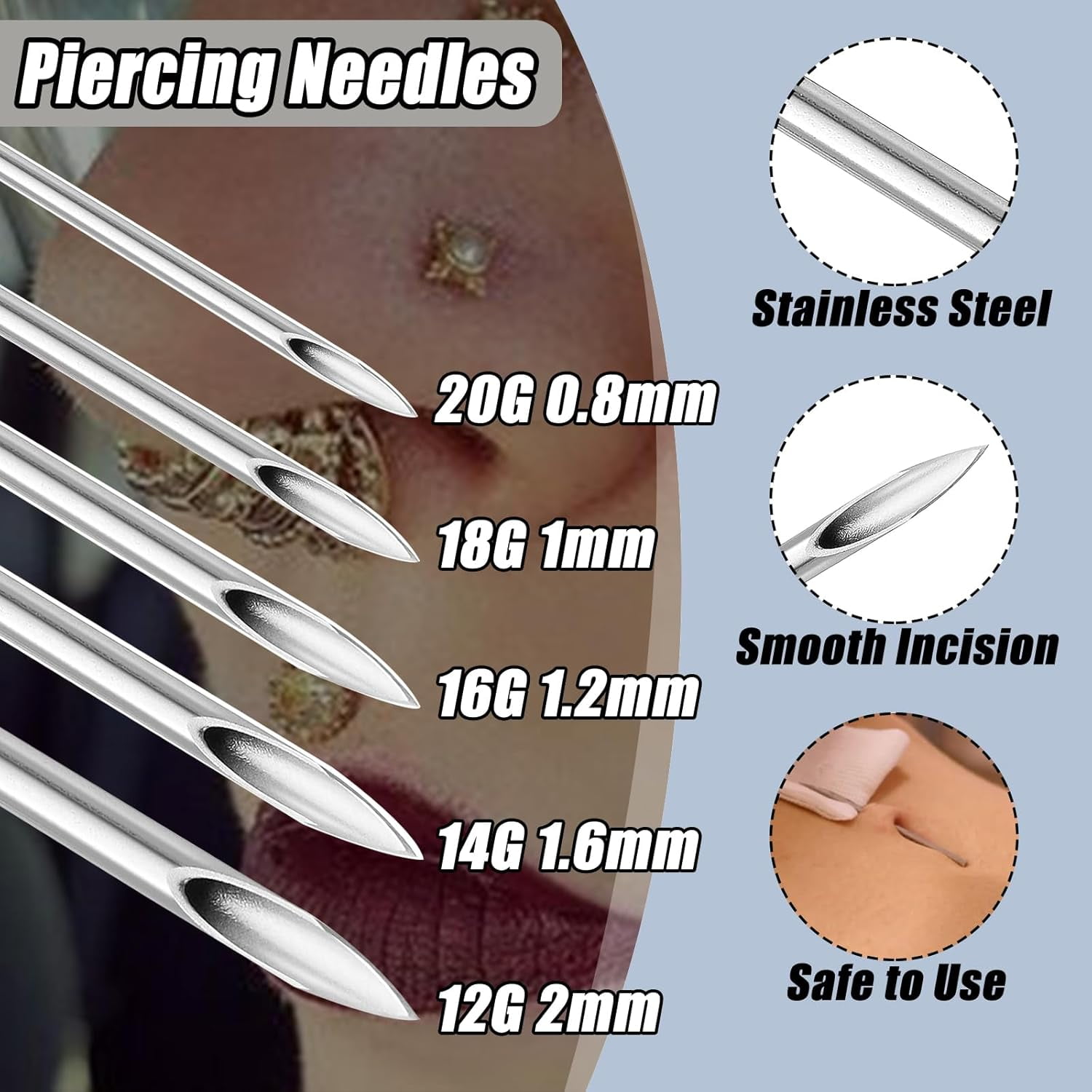 100Pcs Mixed Piercing Needles - Yuelong 20G 18G 16G 14G 12G Hollow Needles Ear Nose Piercing Needle for Lip Tongue Belly Navel Nipple Professional Piercing Tools
