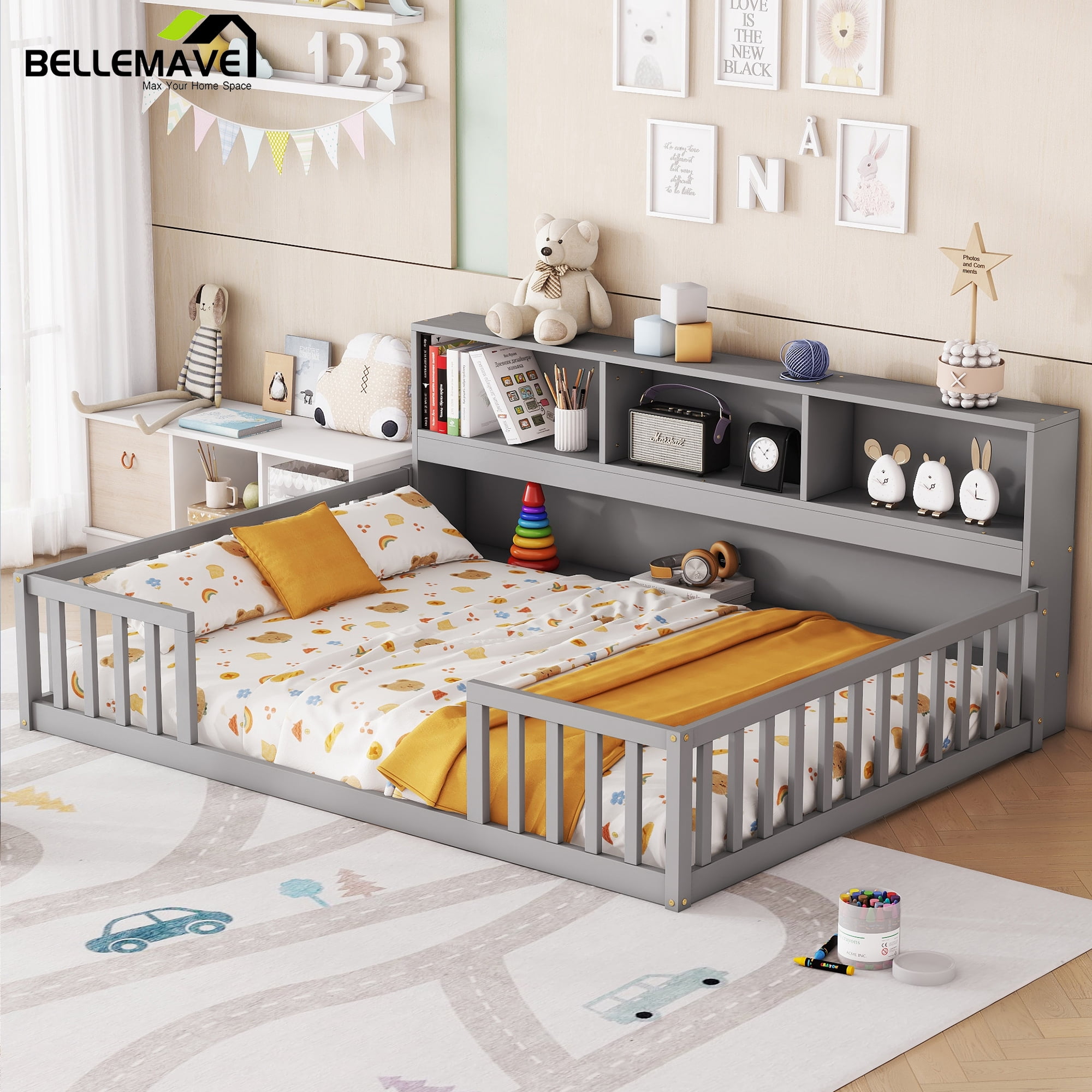 Bellemave Full Size Floor Bed Frame with Fence and Bookcase  Floor Bed Low Montessori Bed Frame with Storage Shelves (Full, Gray)