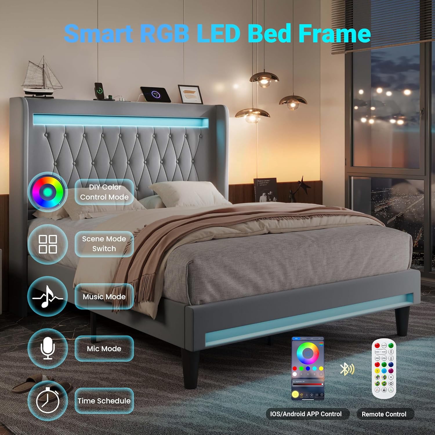 Allewie Upholstered Full Size Platform Bed Frame with LED Light and Charging Station, Button Tufted High Headboard, Wingback Design, Noise Free, Easy Assembly, No Box Spring Needed, Grey