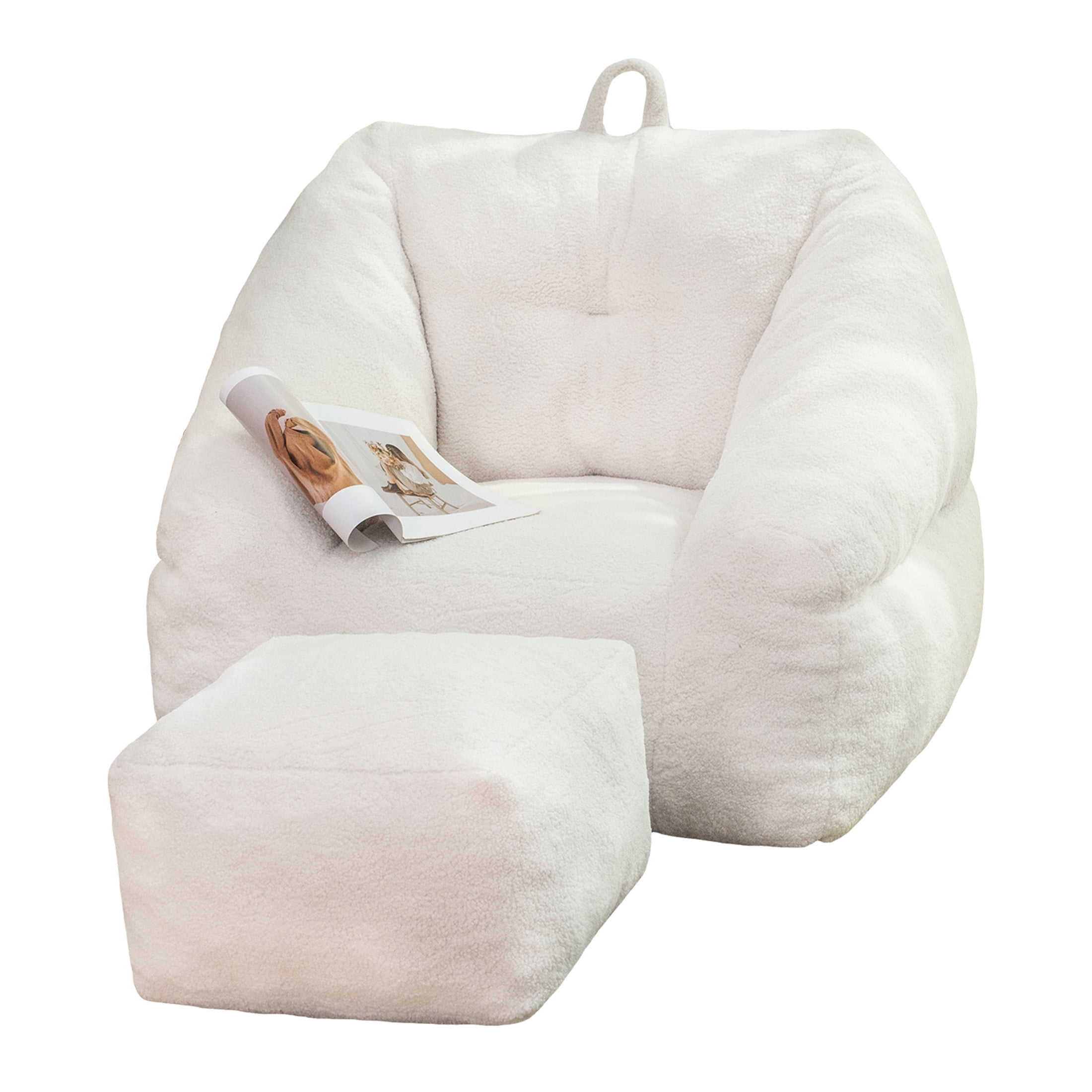 Aukfa Bean Bag Chair with Ottoman, Soft Fluffy Teddy Upholstered Pouf with Foot Rest for Living Room, White